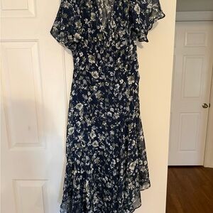 ASTR Navy Floral Midi Dress with White & Green Print